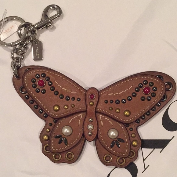 ✨NEW✨COACH Large Studded Leather Butterfly Bag Charm - Brown Saddle/Silver - Picture 10 of 14